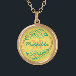 Art Deco Peacock Feather Monogram Stencil Gold Plated Necklace<br><div class="desc">This beautiful, modern decorative stencil necklace design looks vintage Art Deco / Art Nouveau 20's style. In the center, you can add your name and monogram inside the circle made of an abstract peacock feather motif. The colors are green, blue-green teal, orange, brown and red on a golden yellow-orange background....</div>