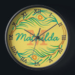 Art Deco Peacock Feather Monogram Stencil Wall Clock<br><div class="desc">This beautiful, modern decorative stencil wall clock design looks vintage Art Deco / Art Nouveau 20's style. In the center, you can add your name and monogram inside the circle made of an abstract peacock feather flourish motif. The clock numbers are black, outlined Roman numerals. The colors are green, blue-green...</div>
