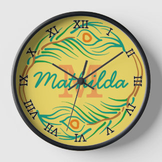 Art Deco Peacock Feather Monogram Stencil Wall Clock