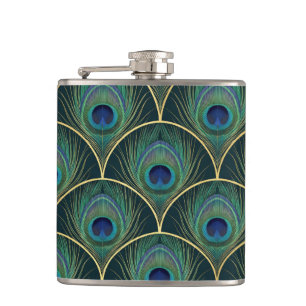 Art Deco Peacock Feather Pattern in Teal & Gold Flask