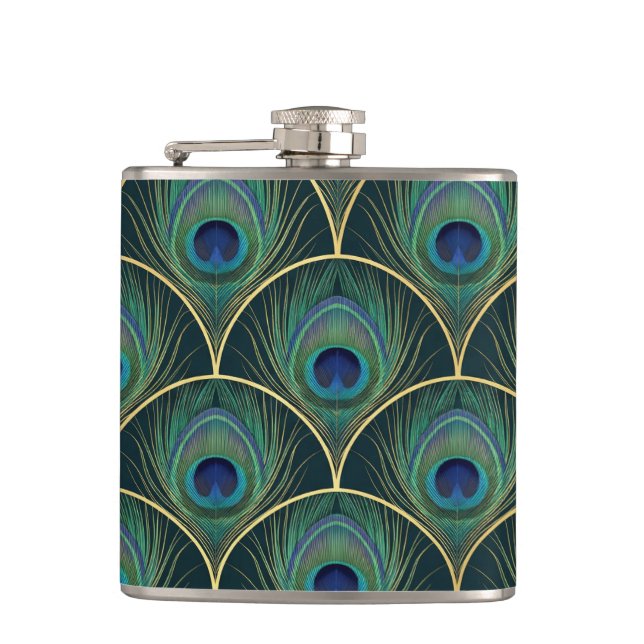 Art Deco Peacock Feather Pattern in Teal & Gold Flask (Front)