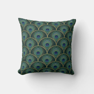 Art Deco Peacock Feather Pattern in Teal & Gold Throw Pillow