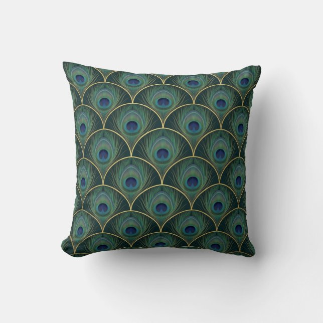 Art Deco Peacock Feather Pattern in Teal & Gold Throw Pillow (Front)