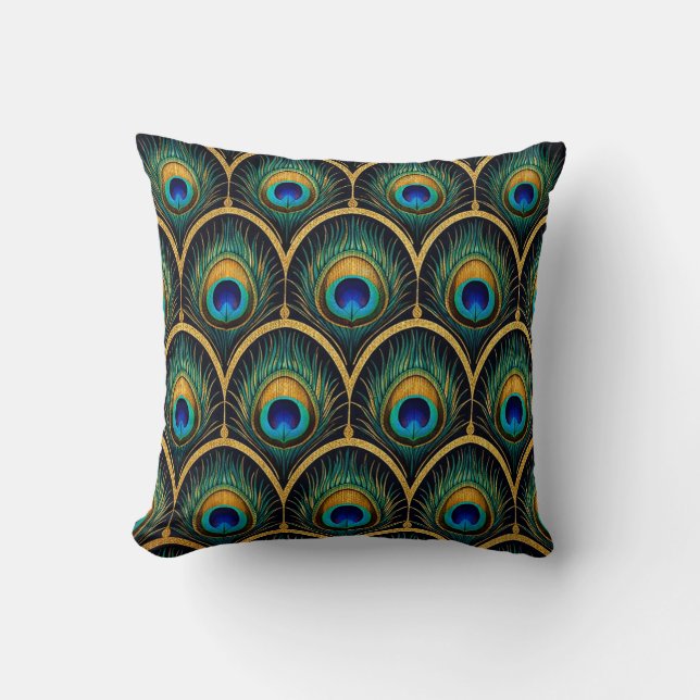 Art Deco Peacock Feather Pattern Throw Pillow (Front)