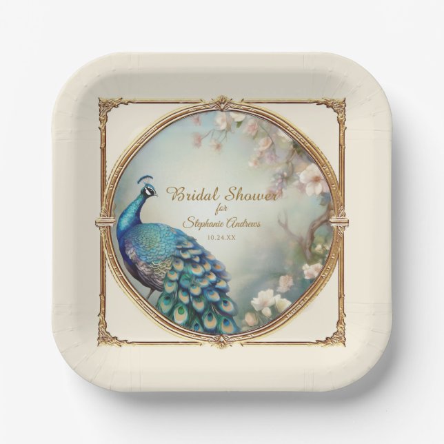 Art Deco Peacock Feathers Elegant Flower Tree  Paper Plates (Front)