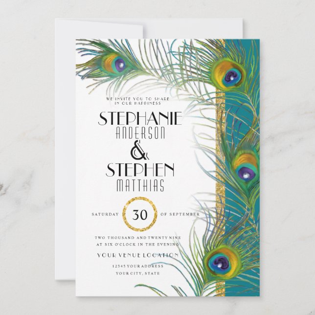 Art Deco Peacock Feathers Gold Glitter Typography Invitation (Front)