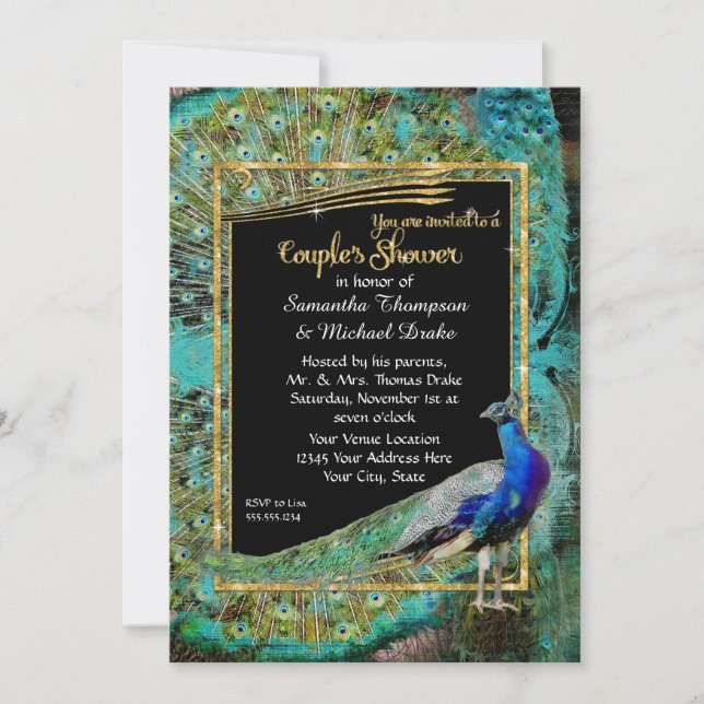 Art Deco Peacock Glam Old Hollywood Couples Shower Invitation (Front)