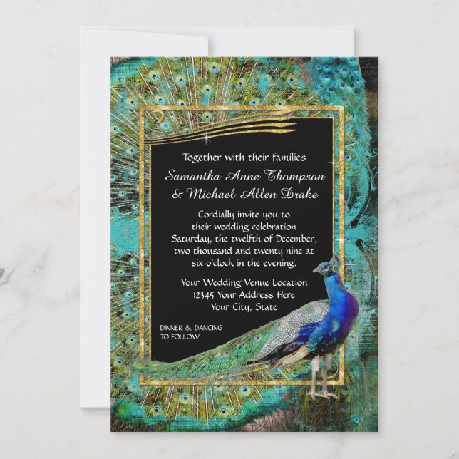 Art Deco Peacock Glam Old Hollywood Regency Invitation (Front)