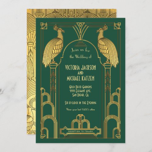 Art Deco Peacock Gold  Black Wedding Invitation