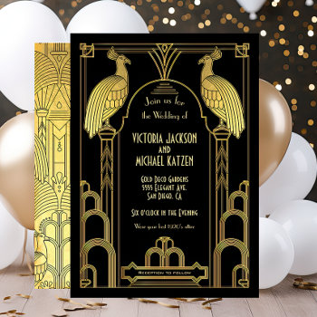 Art Deco Peacock Gold & Black Wedding Invitation by McBooboo at Zazzle