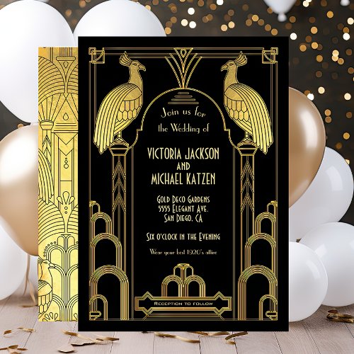 Art Deco Peacock Gold  Black Wedding Invitation