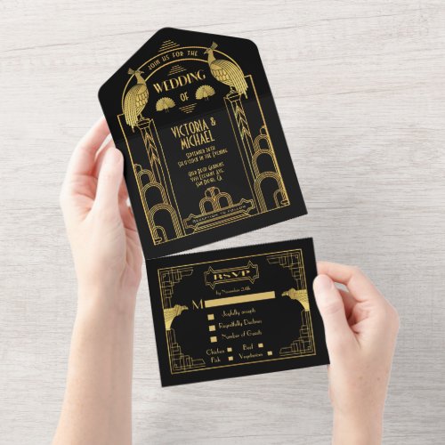 Art Deco Peacock Gold  Black Wedding Invitations