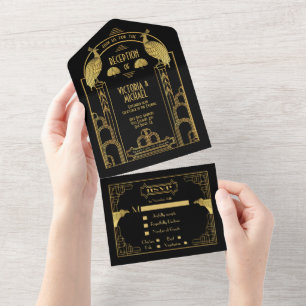 Art Deco Peacock Gold & Black Wedding Reception All In One Invitation