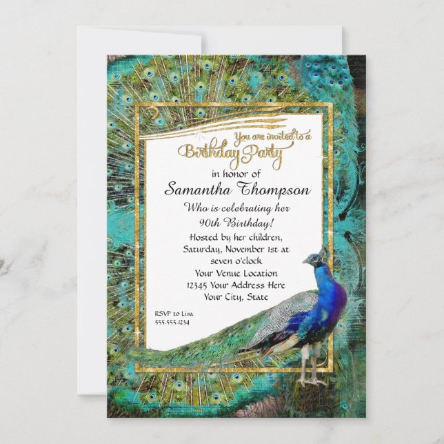 Art Deco Peacock Gold Glitter Hollywood Birthday Invitation (Front)