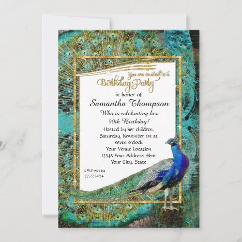 Art Deco Peacock Gold Glitter Hollywood Birthday Invitation