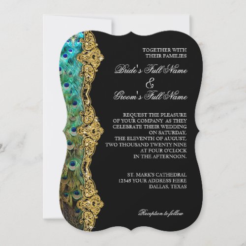 Art Deco Peacock Gold Glitter Old Hollywood Gatsby Invitation