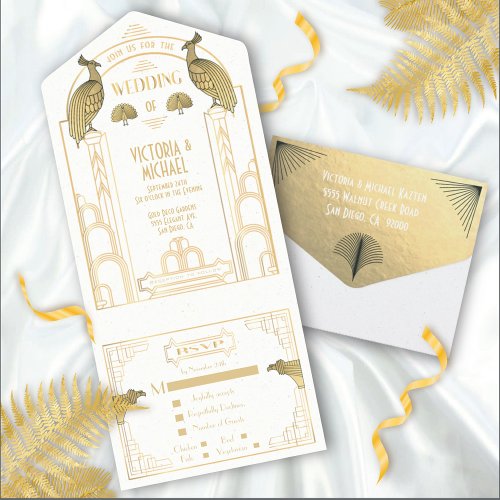 Art Deco Peacock Gold  White Wedding Invitations