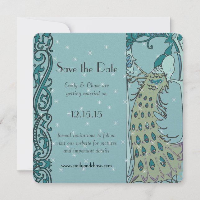 Art Deco Peacock Save the Date Invitations (Front)