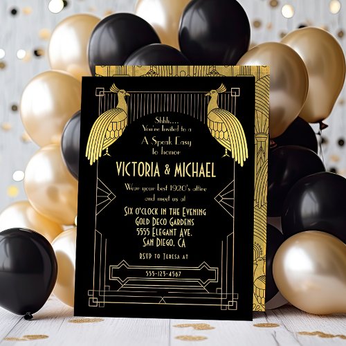 Art Deco Peacock Speak Easy Party Gold  Black Invitation