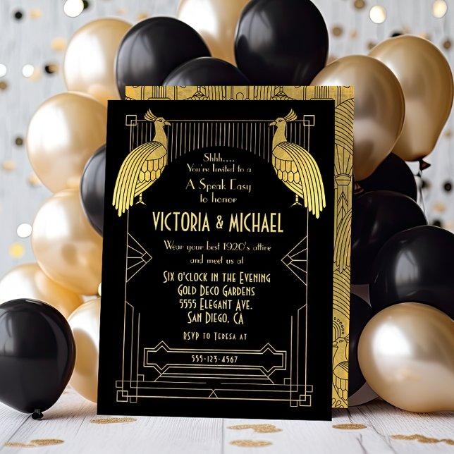 Art Deco Peacock Speak Easy Party Gold & Black Invitation (Creator Uploaded)
