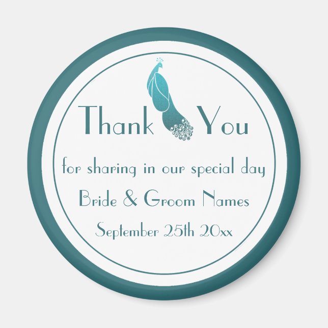 Art Deco Peacock Thank You Wedding Favor Magnet (Front)