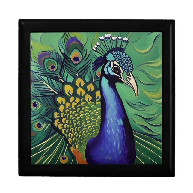 Art Deco Peacock Wooden Jewelry Keepsake Box (Front)