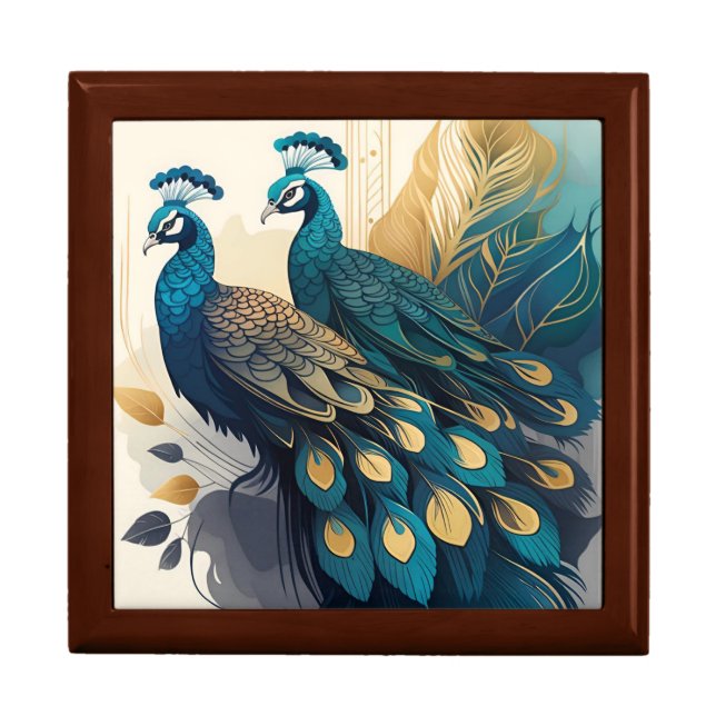 Art Deco Peacock Wooden Jewelry Keepsake Box (Front)
