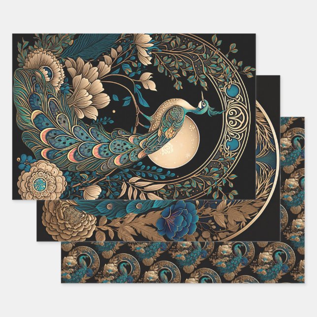 Art Deco Peacock Wrapping Paper Sheets (Set)