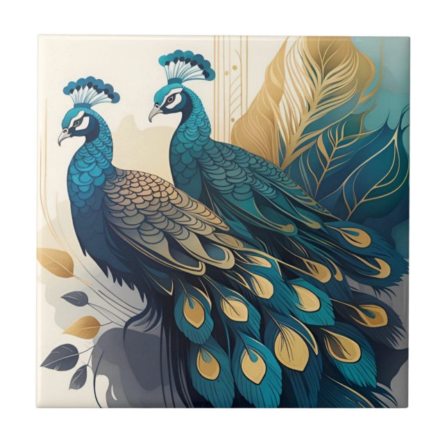 Art Deco Peacocks Ceramic Tile (Front)
