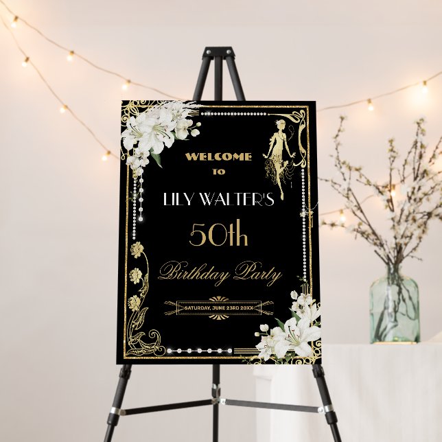 Art Deco Pearls Floral Gatsby Roaring 20s Welcome Foam Board (In Situ (Stand))
