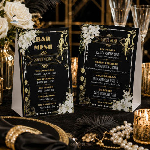 Art Deco Pearls White Flowers Gatsby 20s Bar Menu Paper Table Tent