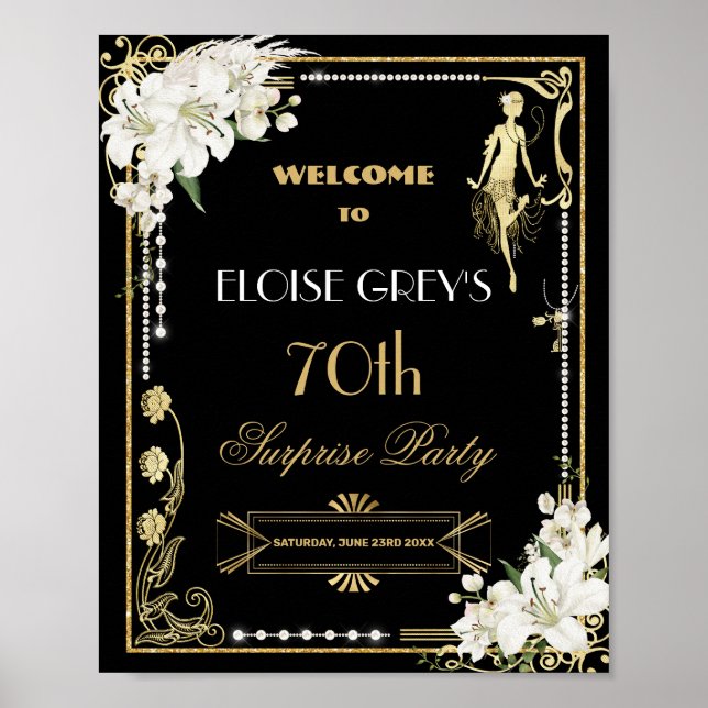 Art Deco Pearls White Flowers Gatsby 20s Welcome Poster (Front)