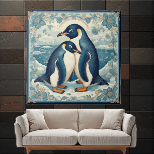 Art Deco Penguin Ice Bird Couple Snow Ocean Floral Ceramic Tile