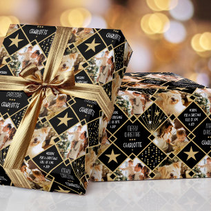 Art Deco Personalized Name Photos Christmas Black Wrapping Paper