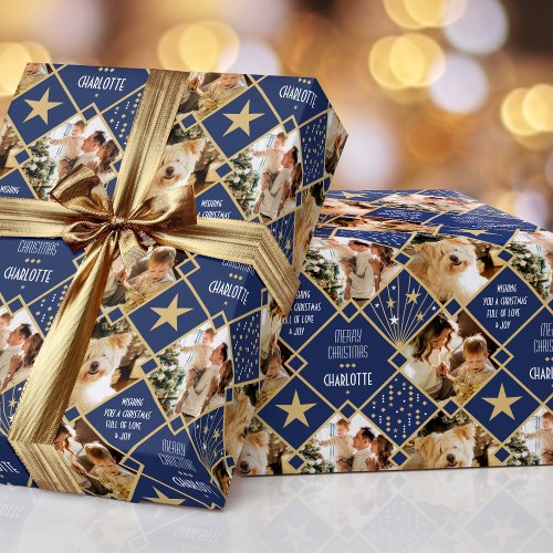Art Deco Personalized Name Photos Christmas Blue Wrapping Paper