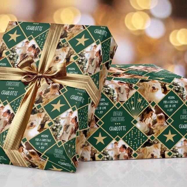 Art Deco Personalized Name Photos Christmas Green Wrapping Paper (Creator Uploaded)