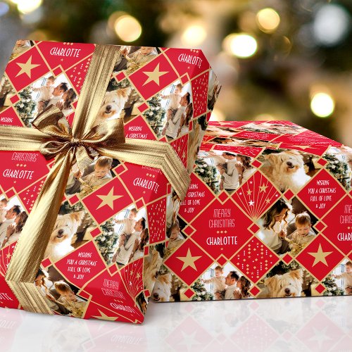 Art Deco Personalized Name Photos Christmas Red Wrapping Paper