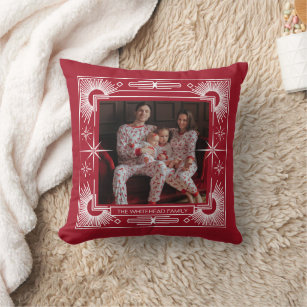 Art Deco Photo Christmas Star Holiday Red Throw Pillow
