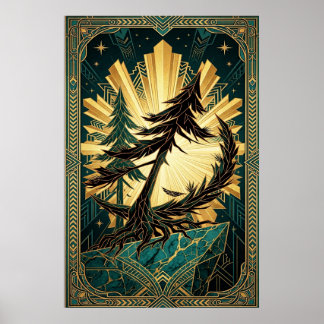 Art Deco Pine Tree Silhouette Gold Teal Cliff Post Poster