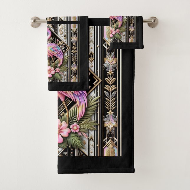 Art Deco Pink and Rainbow Flamingo  Bath Towel Set (Insitu)