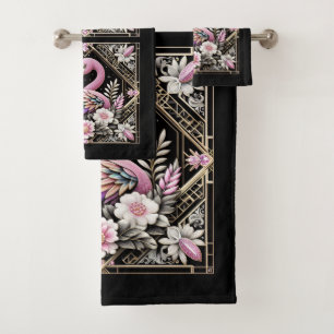 Art Deco Pink and Rainbow Flamingo  Bath Towel Set