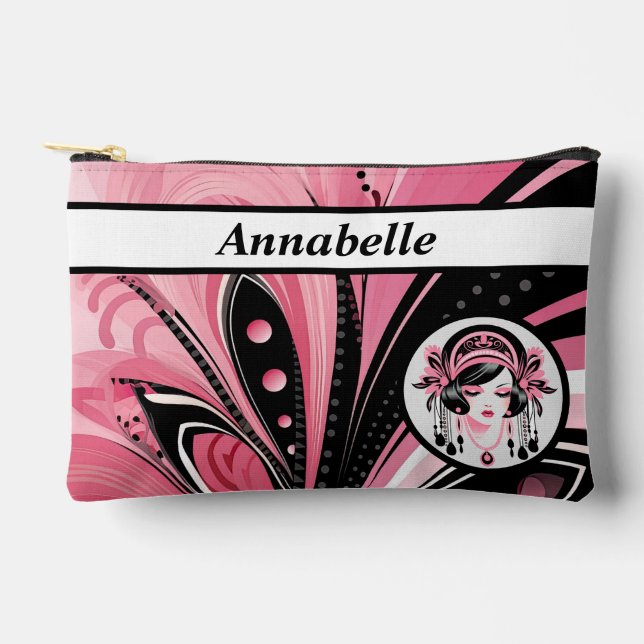 Art Deco Pink Beaded Girl Print Cut Sew Bag (Front)