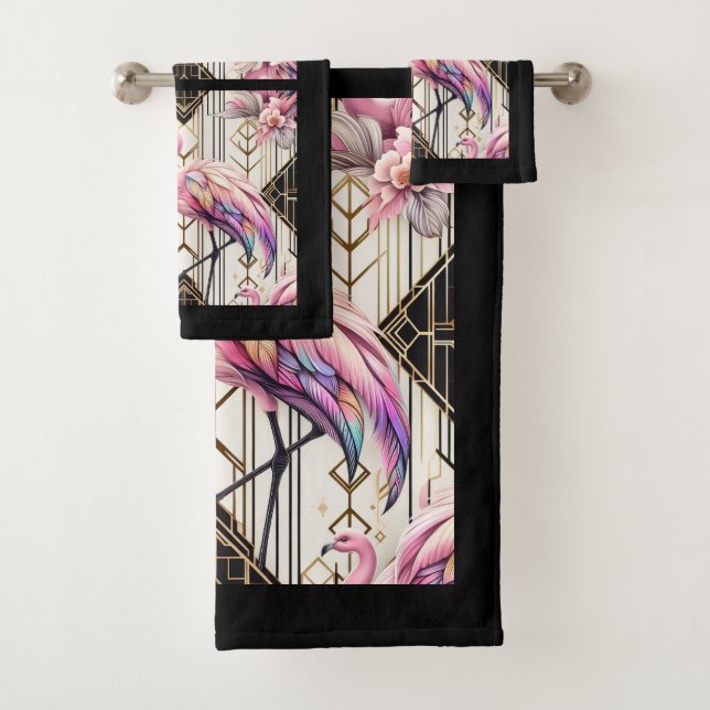 Art Deco Pink Flamingo  Bath Towel Set (Insitu)