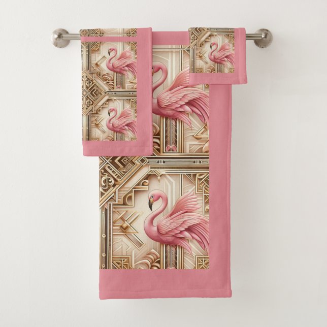 Art Deco Pink Flamingo  Bath Towel Set (Insitu)