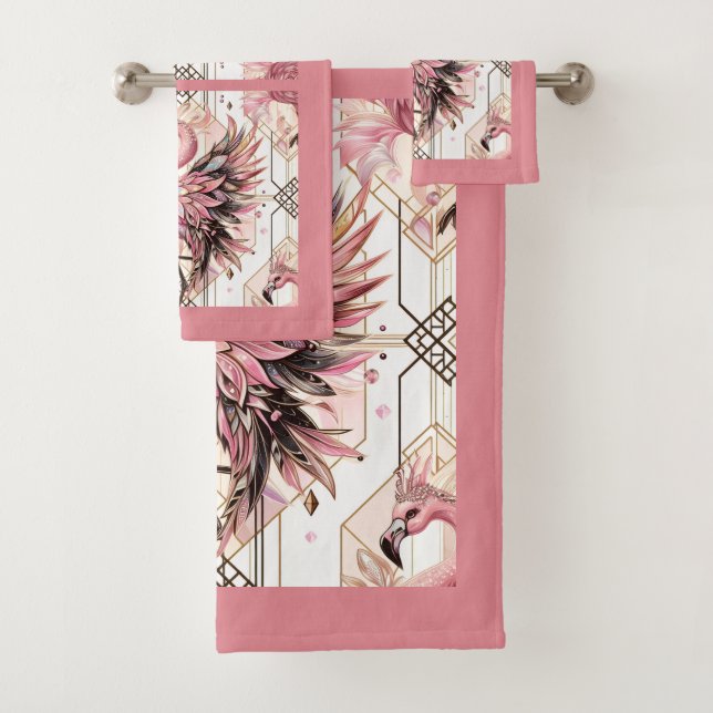 Art Deco Pink Flamingo  Bath Towel Set (Insitu)