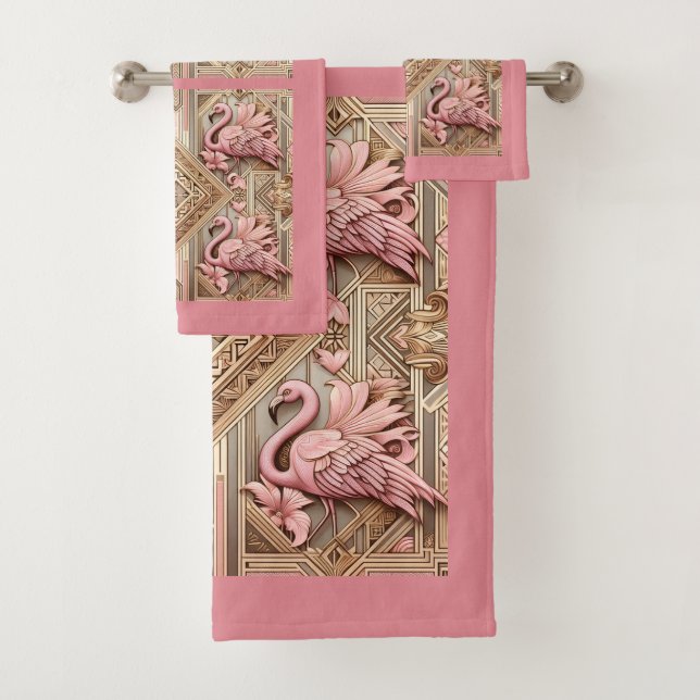 Art Deco Pink Flamingo  Bath Towel Set (Insitu)