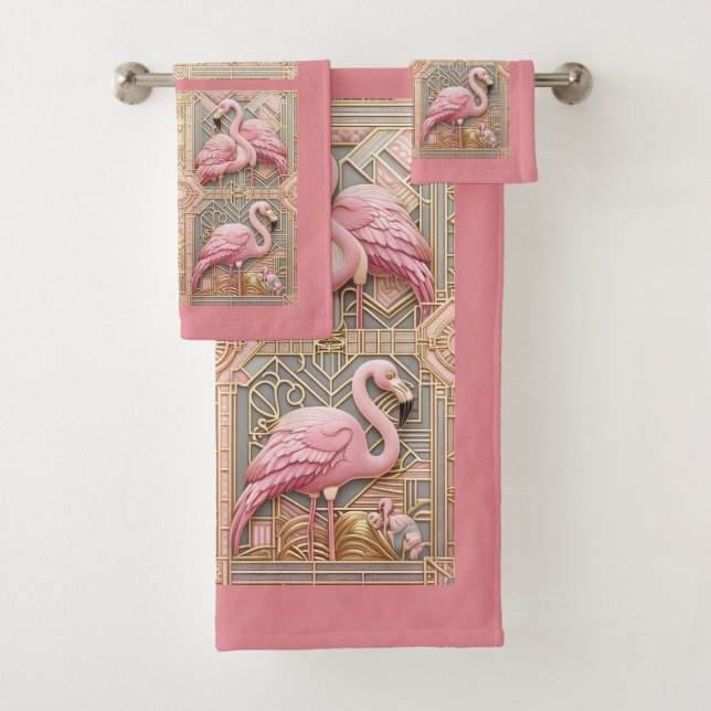 Art Deco Pink Flamingo  Bath Towel Set (Insitu)