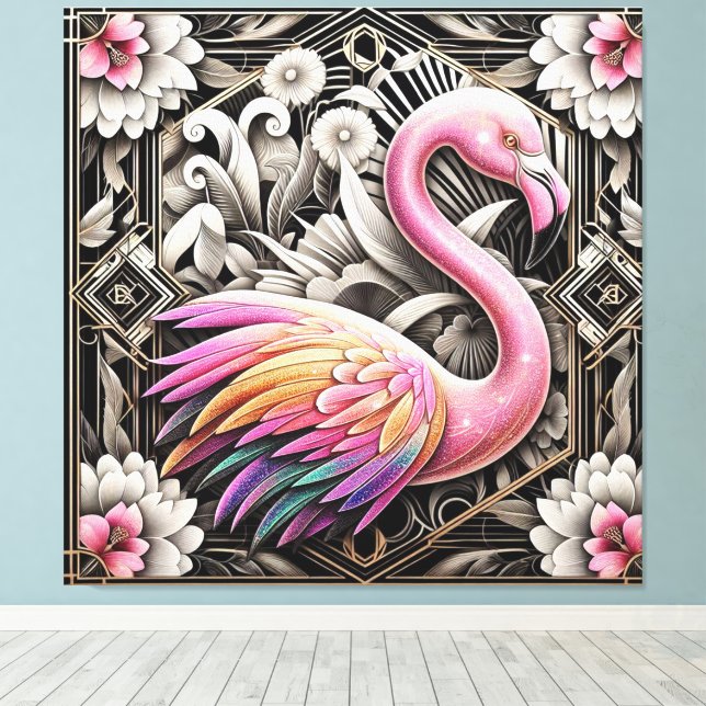 Art Deco Pink Flamingo Canvas Print (Insitu(Wood Floor))