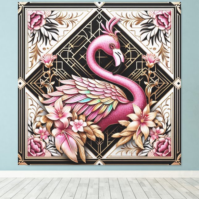 Art Deco Pink Flamingo Canvas Print (Insitu(Wood Floor))