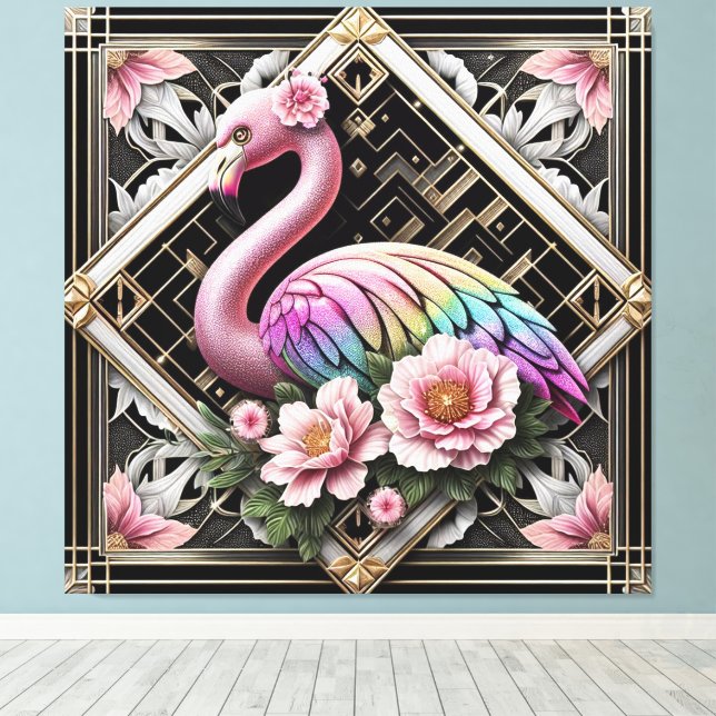 Art Deco Pink Flamingo Canvas Print (Insitu(Wood Floor))